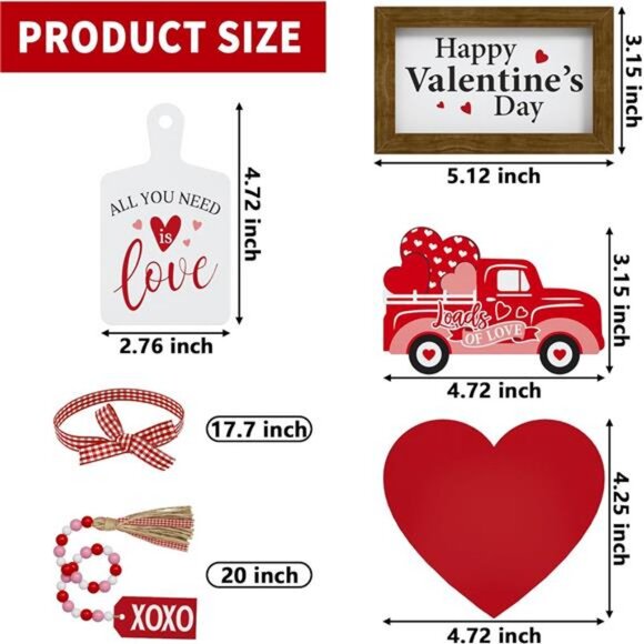 Valentine's Day Tiered Tray Decor Set 5 Pcs Heart Wooden Signs XOXO Bead - Picture 3 of 8